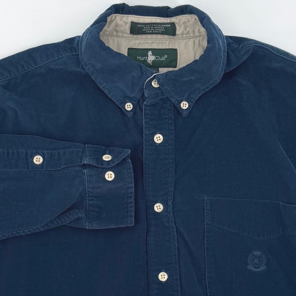 Hunt Club Navy Blue Corduroy Button‎ Down Long Sleeve Shirt Mens LT Cotton